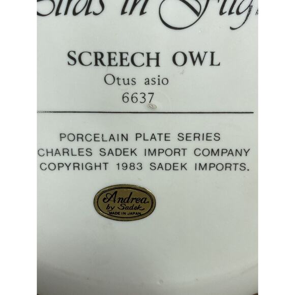Andrea By Sadek Porcelain Plate Series Birds in Flight 1983 Screech Owl #6637 - Picture 4 of 9